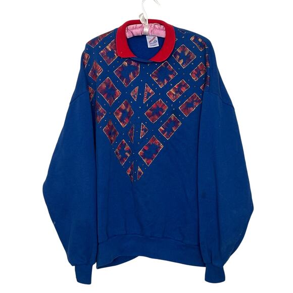 Vintage 90s JERZEES Mens XL Blue Red Collared Oversized Dropsleeve Retro Sweater - Picture 1 of 5